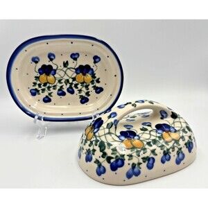 Polish Pottery Unikat Large Butter Dish With Lid Boleslawiec Blue Yellow Pansies